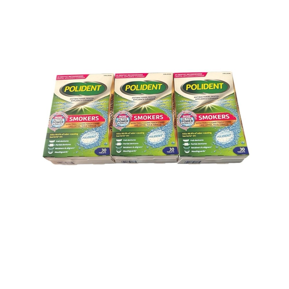 Polident Smokers Antibacterial Dental Appliance Cleanser 30ct Ea. New Pack of 3